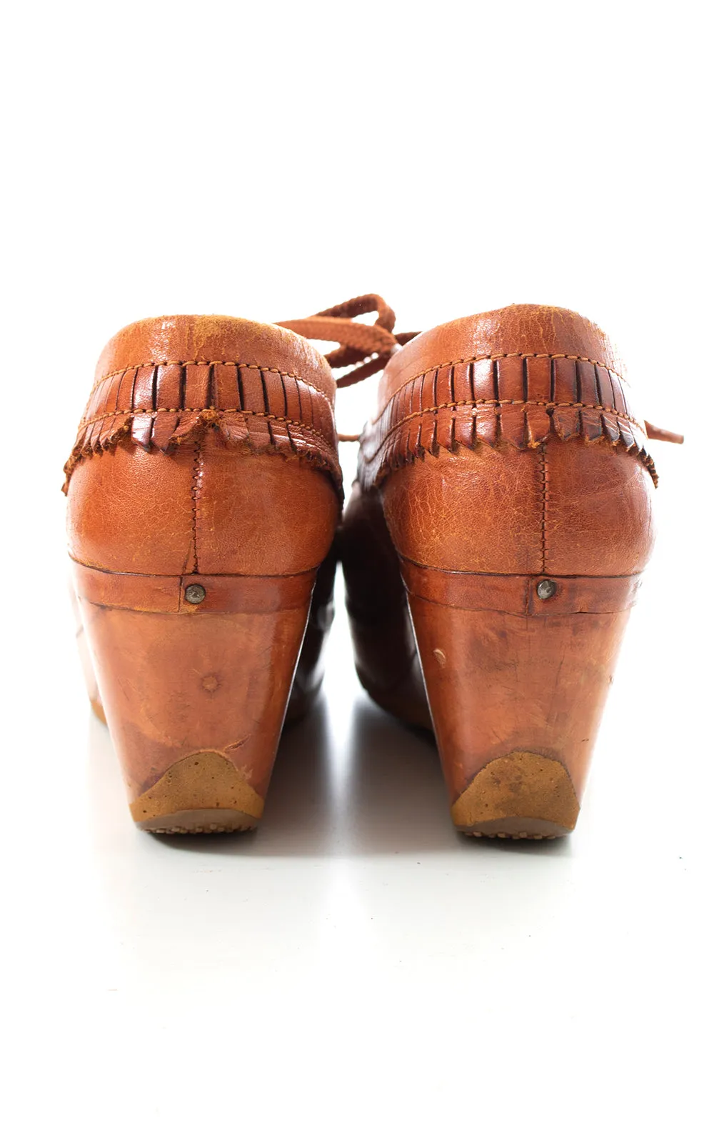 1970s Leather Fringe & Wood Platform Loafers | US 9
