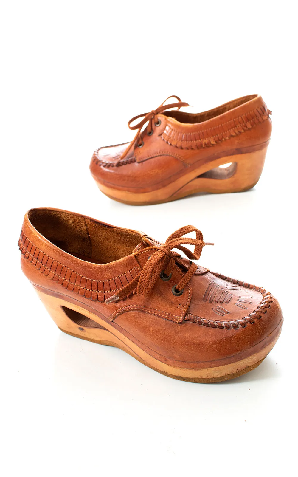 1970s Leather Fringe & Wood Platform Loafers | US 9