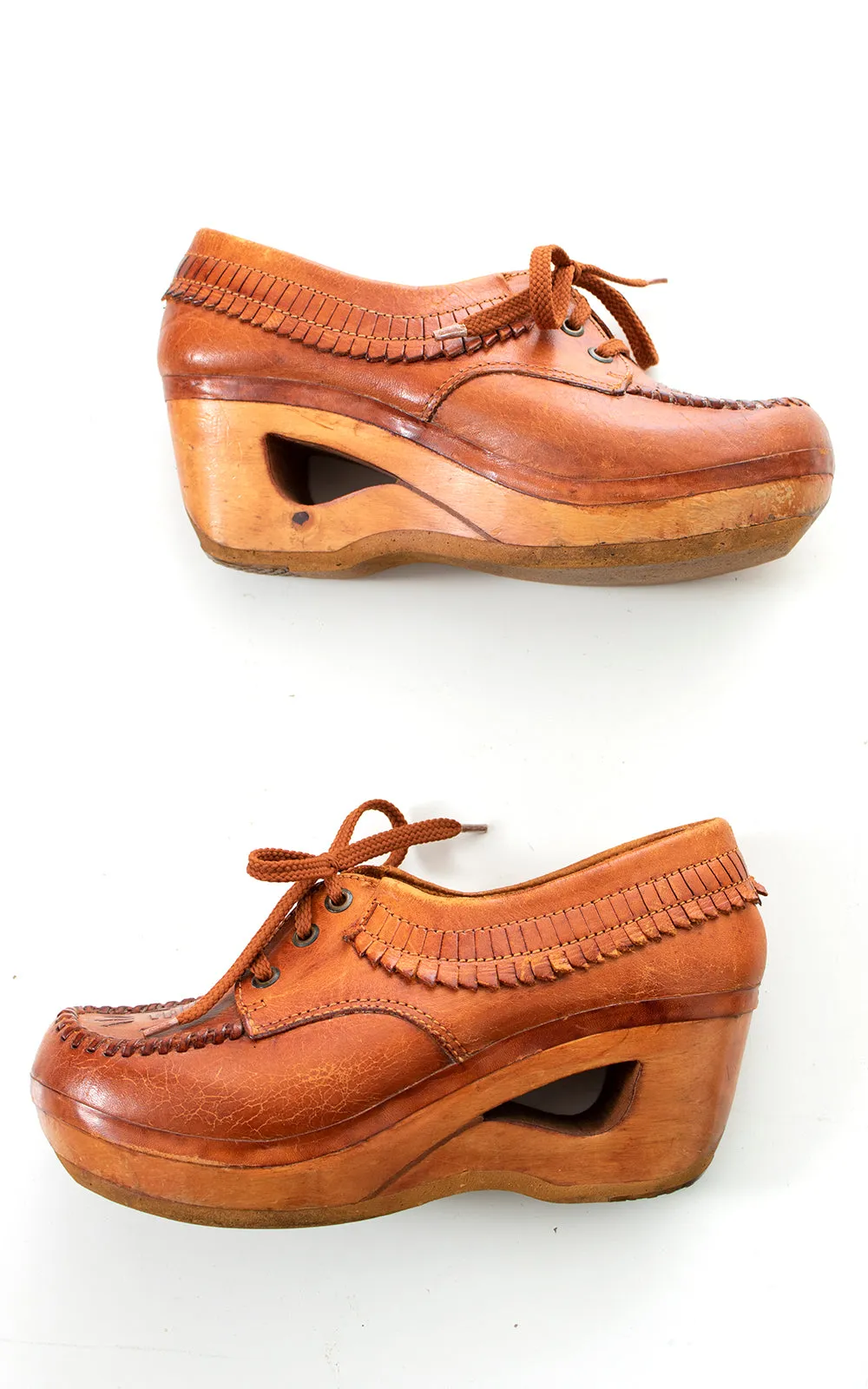 1970s Leather Fringe & Wood Platform Loafers | US 9