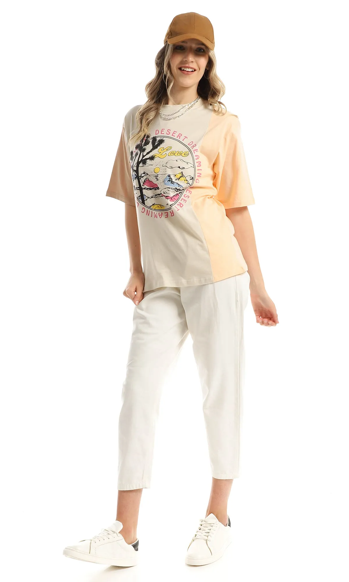 97855 Front Printing Round Neck Light Beige & Simon T-Shirt