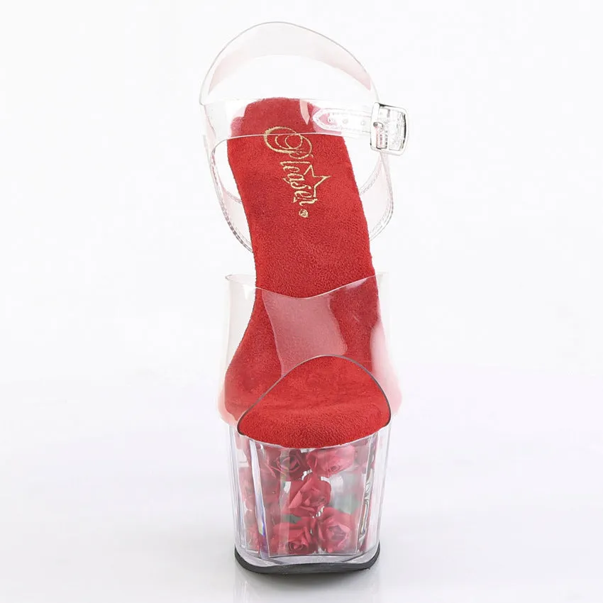 Adore 708FL Clear Upper Ankle Strap 7" Heel Red Flower Platform Shoes -Direct