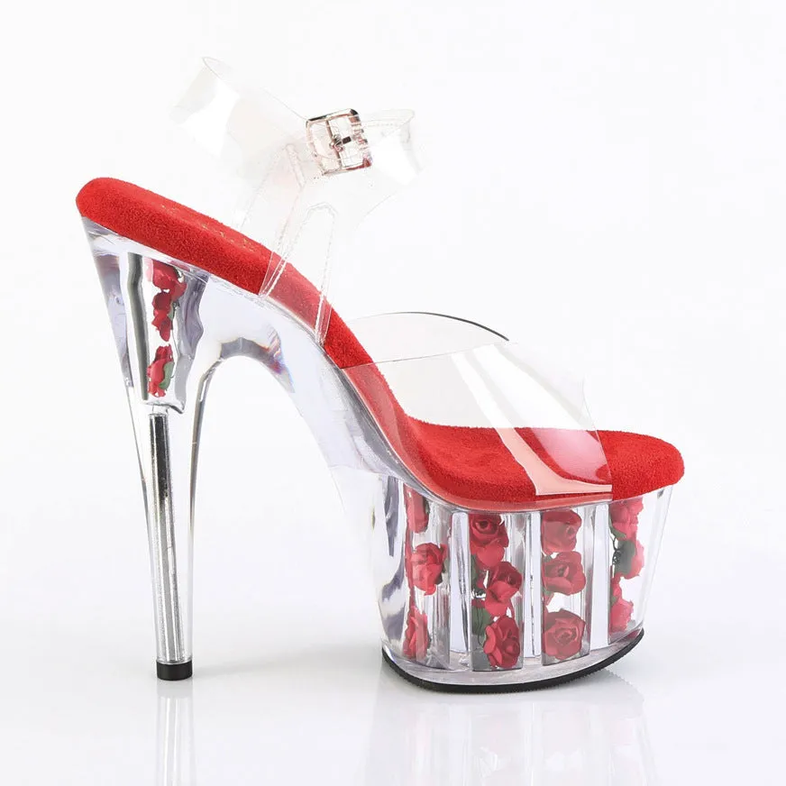 Adore 708FL Clear Upper Ankle Strap 7" Heel Red Flower Platform Shoes -Direct