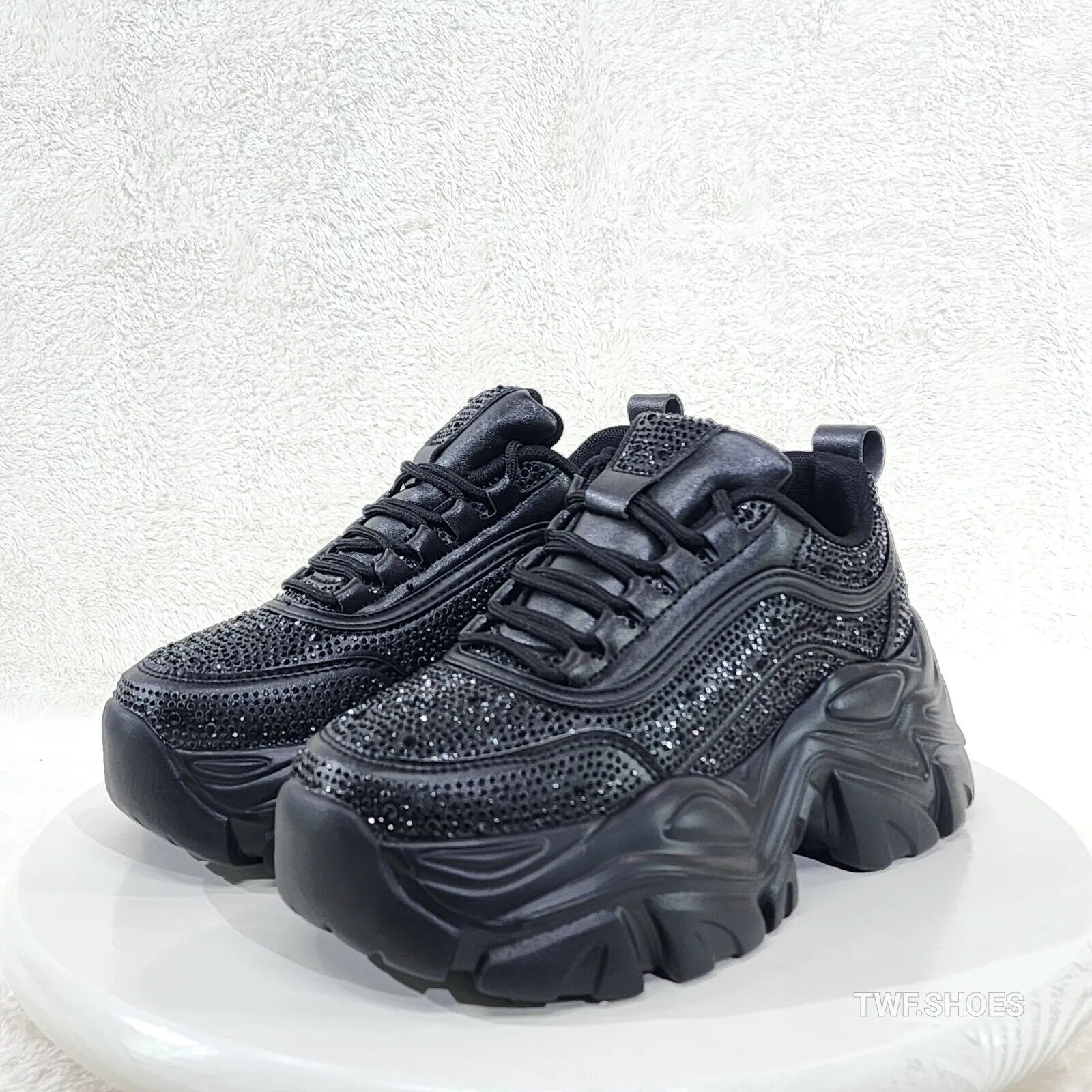 Cush Sport Rhinestone Comfy Platform Light Weight Sneakers Black