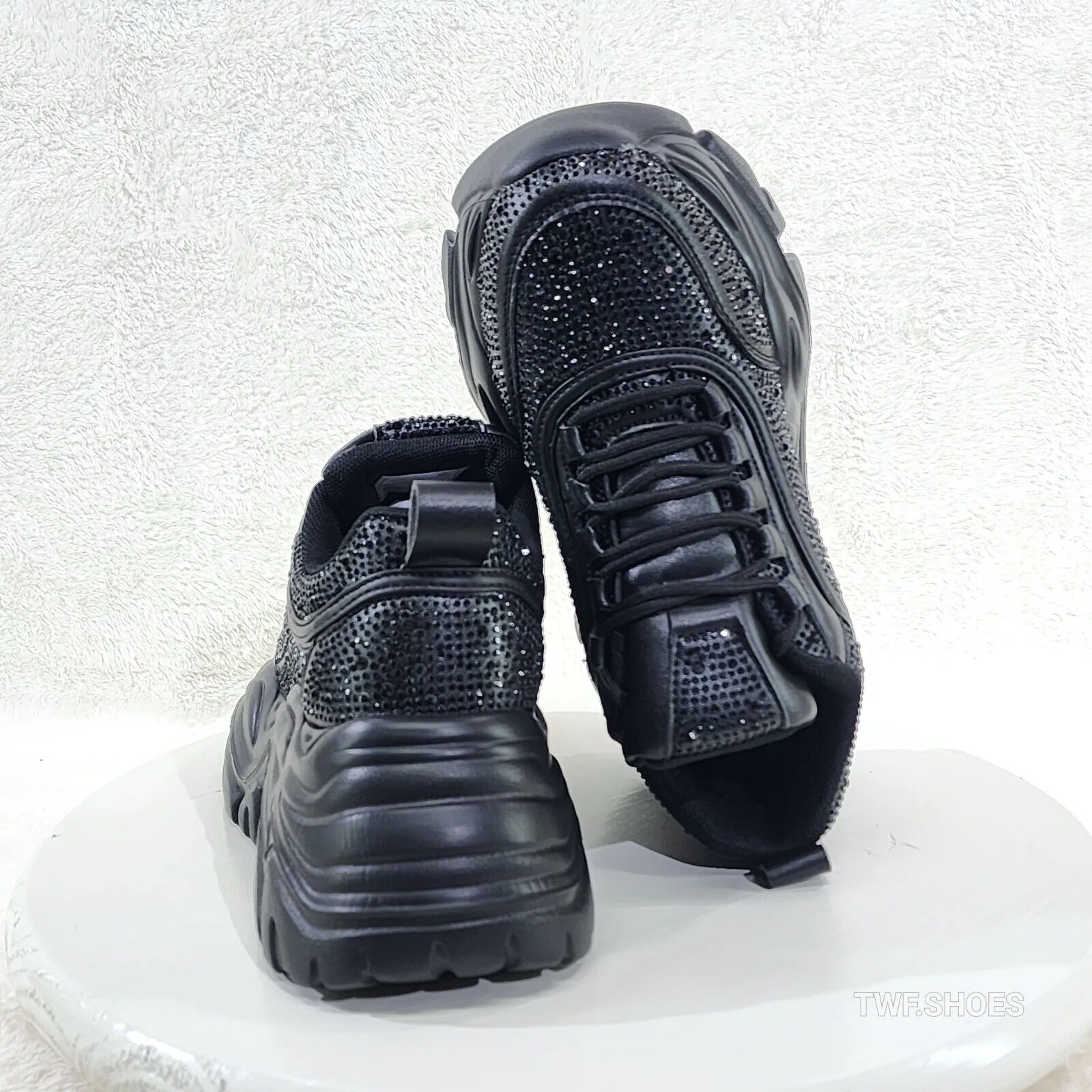 Cush Sport Rhinestone Comfy Platform Light Weight Sneakers Black