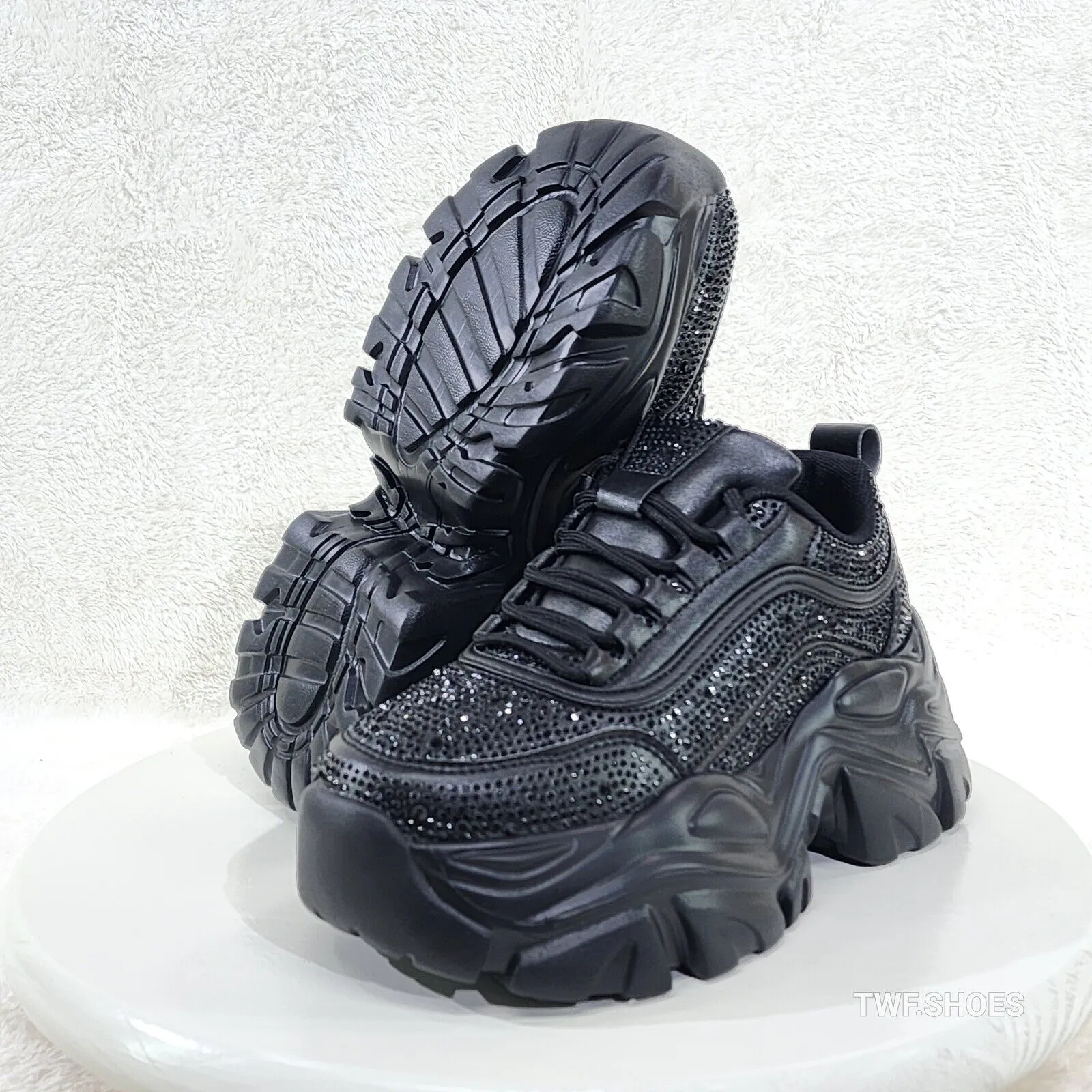 Cush Sport Rhinestone Comfy Platform Light Weight Sneakers Black