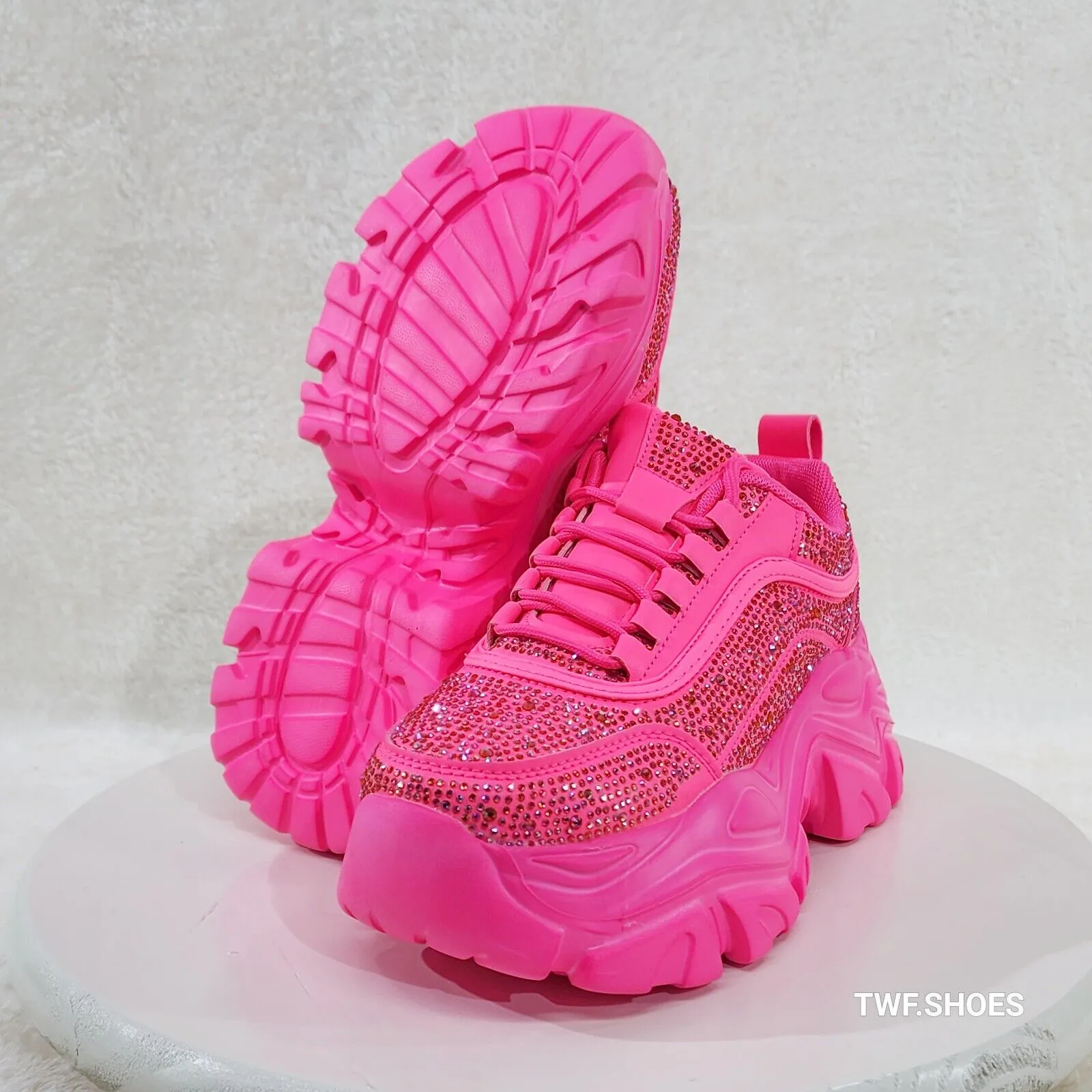 Cush Sport Rhinestone Comfy Platform Light Weight Sneakers Hot Pink