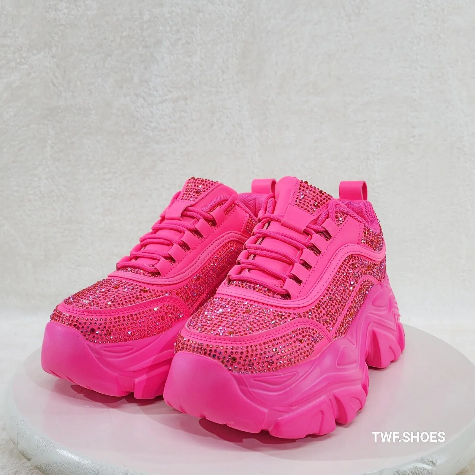 Cush Sport Rhinestone Comfy Platform Light Weight Sneakers Hot Pink