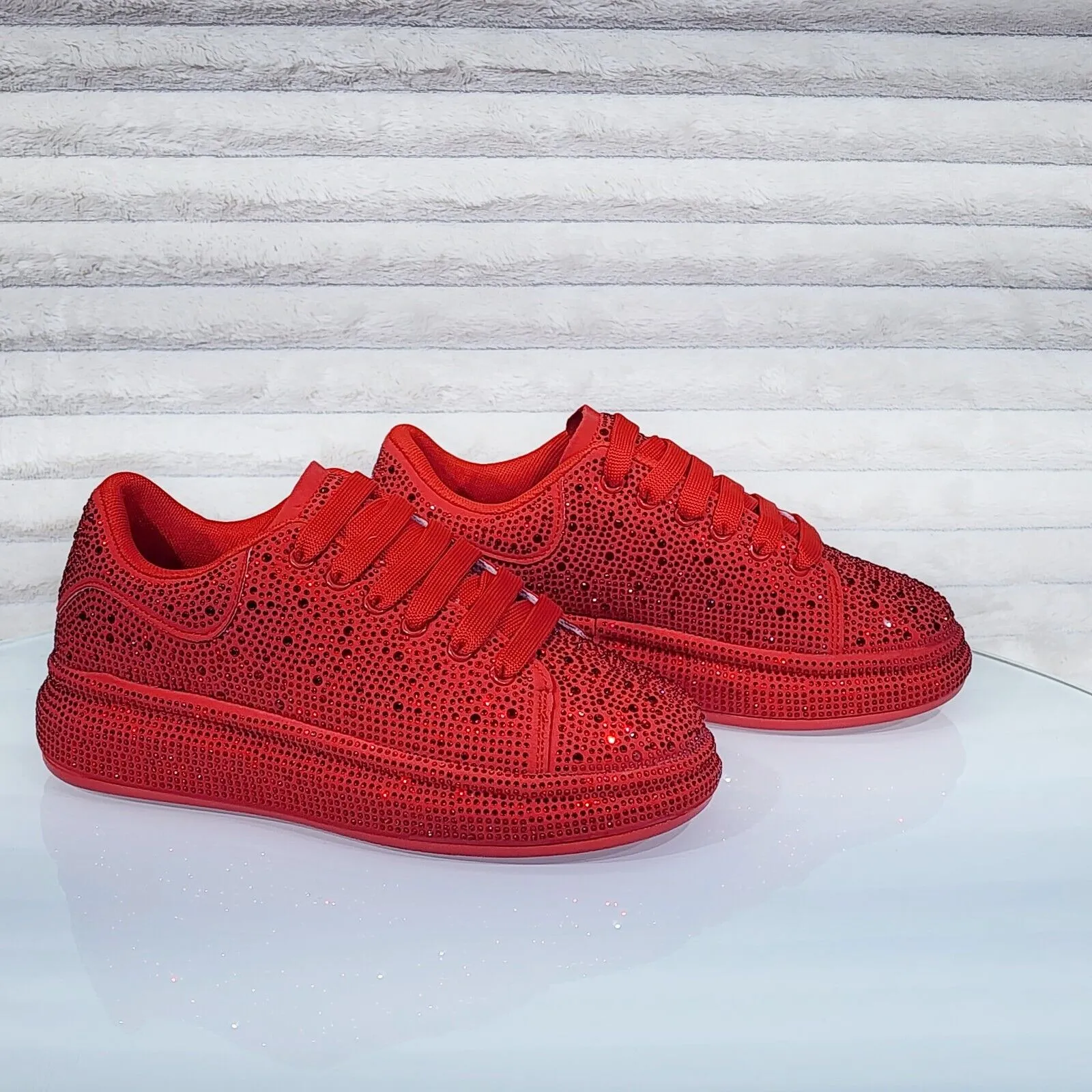 Dazzle Cush Red Rhinestone Comfy Platform Sneakers Tennis Shoes