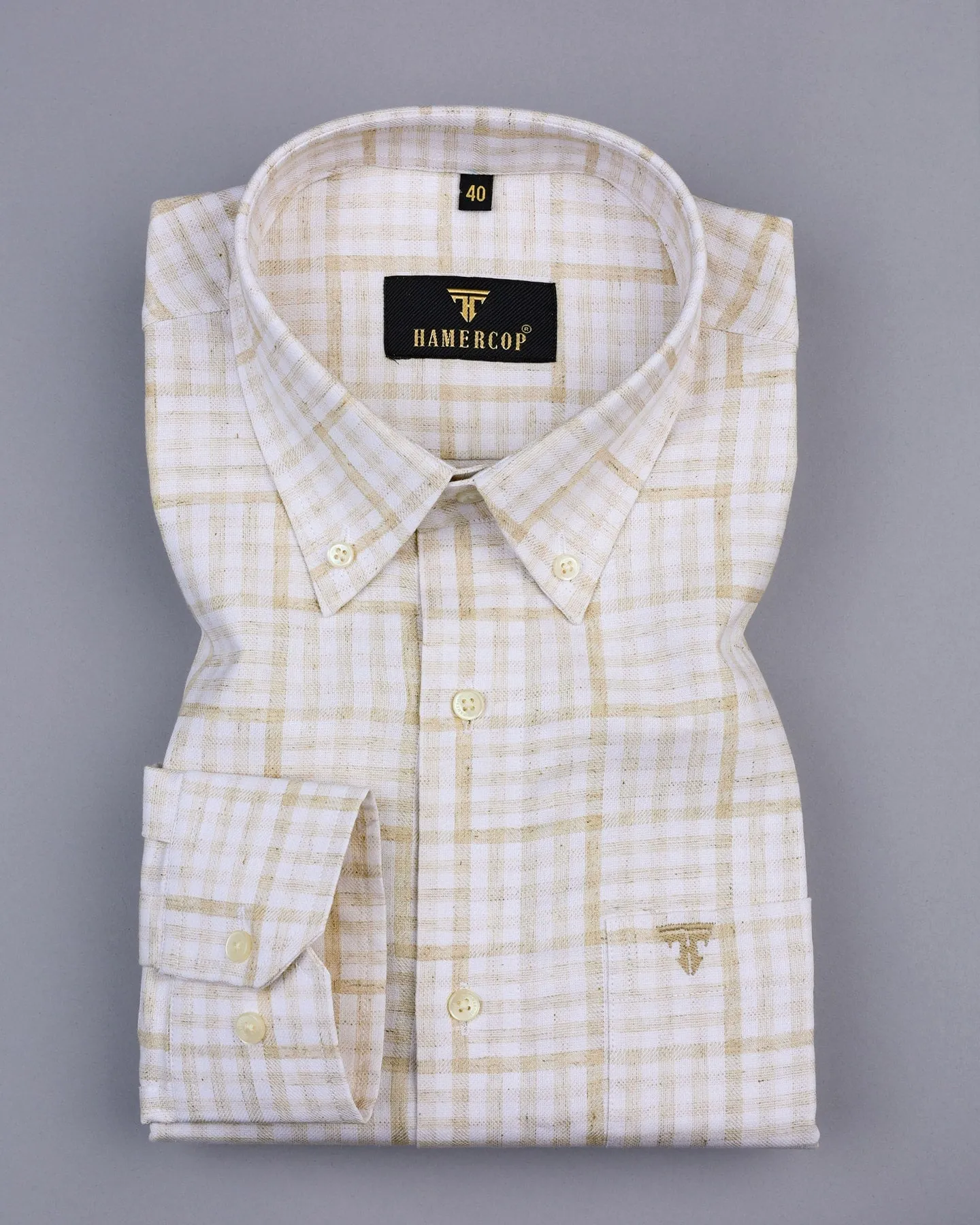 Waffle Cream With White Dobby Twill Check Cotton Shirt