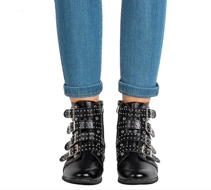 Women's Winter PU Leather Ankle Boots With Decorative Buckles